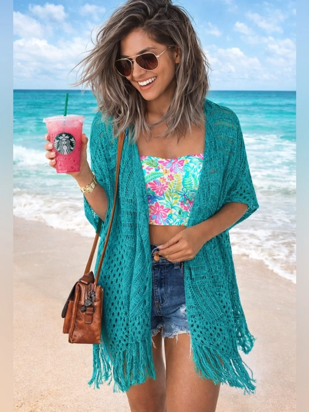 Teal Crochet Kimono Cardigan Fringe Beach Coverup– Sz Medium